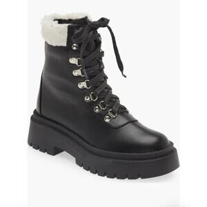 New Billini Ferria Combat Boot with Faux Shearling Trim in Black Women's Size 7